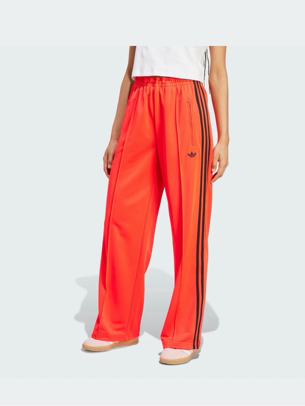 adidas Wide-Leg Track Pants in Bright Red with Black Stripes